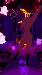 alastor_(hazbin_hotel) arm_behind_head body_scars deer_humanoid erection glowing_eyes glowing_teeth halloween halloween_theme hooves mutlicolored_hair radio_demon red_hair showing_off stage vrchat vrchat_avatar vrchat_media vrchat_model