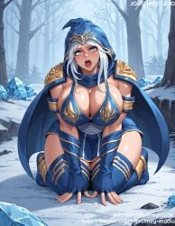 ai_generated armlet armor ashe_(league_of_legends) bangs blue_cape blue_eyes blue_footwear blue_gloves blue_thighhighs blush boots breasts cape cleavage cloak clothing dress female female female_only fingerless_gloves footwear forest genderswap_(mtf) gloves grass hood hood_up hooded_cape huge_breasts jousneystudio kneeling large_breasts league_of_legends legwear lol long_hair looking_at_viewer nature open_mouth outdoors rule_63 shoulder_armor sitting snow solo squatting teeth thick_thighs thighhighs thighs tongue tree white_hair