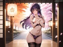 1girls ai_generated anilvl ass_visible_through_thighs bangs bare_arms bare_shoulders black_bra black_hair black_thighhighs blush bow bow_bra bow_panties bra bra_pull breasts brown_eyes cameltoe cherry_blossoms cleavage closed_mouth clothes_pull collarbone covering covering_breasts covering_privates cowboy_shot falling_leaves falling_petals floating_hair hair_intakes hair_ornament hair_ribbon hairbow hands_on_own_chest jujutsu_kaisen lace-trimmed_bra lace_trim lantern large_breasts long_hair looking_at_viewer navel nipples outdoors panties petals purple_bra purple_hair purple_panties sidelocks skindentation smile solo standing stomach strap_slip thigh_gap thighhighs thighs tree underwear underwear_only utahime_iori white_bow wooden_floor