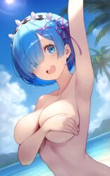 ai_generated arm_on_breast arm_up bare_arms bare_belly bare_shoulders beach big_breasts blue_eyes blue_hair blush breasts collarbone completely_nude covering_breasts hair_over_one_eye hair_ribbon maid_headdress nude ocean open_mouth outdoors re:zero_kara_hajimeru_isekai_seikatsu rem_(re:zero) setsuaiart short_hair smile waving wet_body