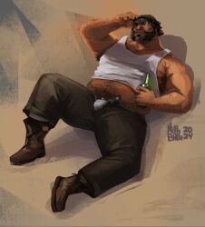 alcohol alcohol_bottle alcoholic_beverage alcoholic_drink arcane arcane:_league_of_legends arm_up armpit armpit_hair armpits artist_request beard beard_stubble belly beverage beverage_bottle black_pants boots bottle bottle_in_hand brown_boots brown_hair bulge bulge_through_clothing clothed clothed_male clothes clothing dad_bod dark_hair facial_hair hairy_armpits hairy_belly hand_on_head holding_bottle holding_object league_of_legends loris_(arcane) lying lying_on_back male male_focus male_only male_underwear mature mature_male muscle musclegut muscles muscular muscular_arms muscular_male pants riot_games simple_background solo solo_anthro solo_male tank_top tank_top_lift unbuttoned_pants underwear underwear_bulge unpleasure_face vein veins veiny veiny_muscles whiskers white_tank_top