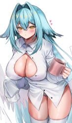 bangs black_panties blue_hair blush breasts cleavage coffee_mug cowboy_shot cup dress_shirt eyebrows_visible_through_hair female hair_between_eyes hair_intakes heart holding holding_cup large_breasts long_hair long_sleeves looking_at_viewer mug orange_eyes panties shiny shirt sidelocks solo striped tagme_(character) thighhighs thighs underwear very_long_hair white_legwear white_panties white_shirt yellow_eyes