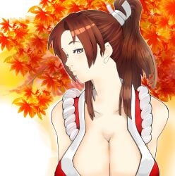 1girls big_breasts breasts brown_eyes brown_hair busty chest cleavage female hair_ornament huge_breasts japanese japanese_clothes king_of_fighters light-skinned_female light_skin long_hair mai_shiranui pale_skin tied_hair voluptuous voluptuous_female