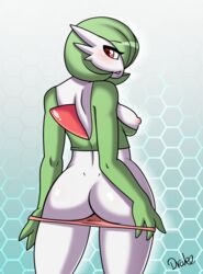 1girls 2016 3_fingers ass breasts drako1997 eyebrows_visible_through_hair female female_focus female_gardevoir female_only gardevoir green_hair honeycomb_background looking_at_viewer looking_back nintendo nipples panties panty_pull pink_panties pokémon_(species) pokemon pokemon_(species) pokemon_rse red_eyes signature solo