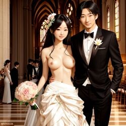 ai_generated asian asian_female asian_male black_hair church clothed_male_nude_female cmnf exposed_breasts flower_in_hair flowers gown human human_female human_male japanese_female japanese_male just_married light-skinned_female light-skinned_male light_skin long_hair looking_at_viewer makeup married married_couple necklace nhumanfuture original original_characters perfect_body perfect_boobs photoshoot public public_nudity thin_waist topless topless_female tuxedo wedding wedding_dress white_clothing