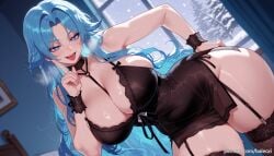 ai_generated azur_lane balecxi bare_shoulders blue_eyes blue_hair breasts cleavage female hand_on_own_hip index_finger_raised indoors long_hair looking_at_viewer open_mouth parted_bangs smile solo sovetskaya_belorussiya_(azur_lane) sovetskaya_belorussiya_(relaxation_stratagem)_(azur_lane) thick_thighs thighhighs tongue window