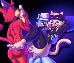 absurd_res anthro double_penetration duke_megatoon felid feline gobanire group hi_res mac_chrunchenberry male male/male mammal penetration tagme toontown toontown_corporate_clash toontown_online toontown_rewritten trio wacky_laffenbutter_(toontown)