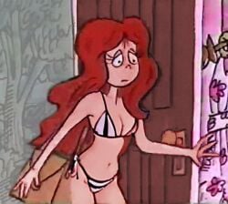 1girls ai_edit ai_generated bikini edit edited_screencap fairy_tales literature little_red little_red_riding_hood public_domain purse red_hair screenshot screenshot_edit striped_bikini swimsuit the_magical_mystery_trip_through_little_red's_head time_for_timer underwear