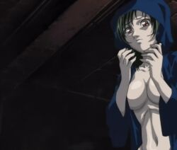 00s 2002 animated basement bible_black bible_black_gaiden bouncing_breasts breasts cloak female green_hair large_breasts lowres nipples rie_morita ritual robe short_hair tagme twintails