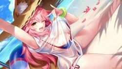 artist_request big_breasts bikini blue_bikini fate/extra fate_(series) fox_ears fox_girl fox_tail looking_at_viewer sitting tamamo_no_mae_(fate) tamamo_no_mae_(swimsuit_lancer) wet wet_clothes wet_shirt