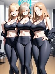 3girls ;d ai_generated asuna_(blue_archive) big_breasts blue_archive boku_no_hero_academia camie_utsushimi crossover group gyaru gym gym_pants gym_uniform hand_on_own_hip jacket jnbu kitagawa_marin long_hair looking_at_viewer midriff mole_on_breast my_hero_academia nai_diffusion side_by_side sono_bisque_doll_wa_koi_wo_suru sports_bra stable_diffusion sweat utsushimi_camie