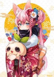 animal_ears bangs blue_eyes blush closed_mouth egasumi eyebrows_visible_through_hair female floral_print flower fox_ears fur_collar hair_between_eyes hair_flower hair_ornament hair_ribbon hairclip happy_new_year holding japanese_clothes kimono long_hair long_sleeves looking_at_viewer new_year pink_hair print_kimono scarf smile solo upper_body vyugen wide_sleeves yuniiho_(character)