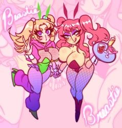 2girls alcohol arrabbiatahoe bia_(arrabbiatahoe) big_breasts blonde_hair breasts bunny_ears cleavage holding_hands huge_breasts pink_hair purple_eyes twintails v_sign