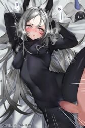 1boy animal_ear_fluff animal_ears arms_up bangs black_bodysuit blush bodysuit breasts breath censored clothed_sex covered_navel dya_rikku_(vtuber) female fur_trim grey_eyes grey_hair heart heart-shaped_pupils heavy_breathing long_hair looking_at_viewer lying missionary mosaic_censoring navel nude on_back open_mouth penis pussy sex silver_hair skin_tight solo_focus spread_legs straight symbol-shaped_pupils vaginal_penetration vyugen