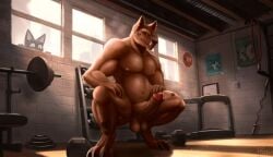 absurd_res anthro balls basement belly bodily_fluids brown_body bzew canid canine canis crouching domestic_dog duo erection fangs fur genital_fluids genitals gym hands_on_hips hi_res humanoid_genitalia humanoid_penis looking_at_another looking_at_viewer male mammal muscular muscular_anthro muscular_male nude penis poster precum red_eyes seducing_viewer sitting snout solo_focus steam sweat sweatdrop teeth vein veiny_penis