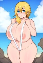 ai_generated chubby huge_breasts kingdom_hearts namine nipples nipslip swimsuit wardrobe_malfunction