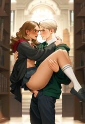 1boy1girl ai_generated blooboo blush brown_hair carrying carrying_partner draco_malfoy erect_penis fluids gryffindor gryffindor_tie harry_potter hermione_granger hogwarts hogwarts_school_uniform hogwarts_student library novelai penetration school school_uniform schoolboy schoolboy_uniform schoolgirl schoolgirl_uniform slytherin slytherin_tie standing standing_sex straight student tagme vaginal_penetration witch wizard wizard_robe