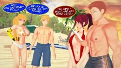2boys 2girls 3d alternate_hairstyle arrancon big_breasts blonde_female blonde_hair blue_eyes brown_hair busty cardin_winchester female green_eyes half-dressed half_naked half_naked_female half_naked_male hand_on_hip jaune_arc navel ntr ponytail pose posing purple_eyes pyrrha_nikos red_hair red_hair_female robotic_arm rwby smile swimming_trunks toned voluptuous yang_xiao_long