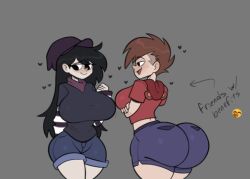2girls arms_crossed beanie beanie_hat big_ass big_breasts black_eyes black_hair blush blushing booty_shorts breasts brown_hair emoji female friends friends_with_benefits hat hoodie jean_shorts long_hair short_hair short_shorts shorts sleeveless_hoodie source_request thick_thighs wholesome year_request yuri