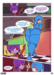 animatronic arcade ass ass_focus bonnie_(fnaf) bonniextoybonnie comic comic_page competitive female five_nights_at_freddy's five_nights_at_freddy's_2 furry green_eyes red_eyes ship´ straight toy_bonnie_(fnaf)