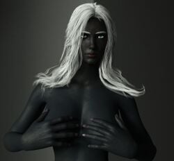 breasts covered_breasts dark-skinned_female elden_ring elden_ring_nightreign female fromsoftware nail_polish recluse_(nightreign) solo_female topless white_hair