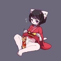 black_hair feline fundoshi furry japanese_clothes omunikin panties setsu_(omunikin) smile violet_eyes