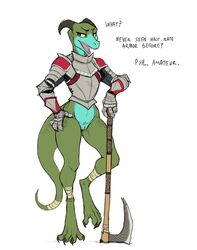 armor axe black_eyes bottomless claws clothed clothing colored dialogue digitigrade edit female guoh half-closed_eyes hindpaw horn kobold melee_weapon open_mouth paws pussy reptile scales scalie sharp_teeth smile solo teeth toe_claws tugma weapon wide_hips