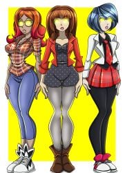 absurdres alya_cesaire bangs blue_hair boots brown_hair clothed collarbone dark_skin dress expressionless female female_only femsub glasses glowing glowing_eyes hourglass_figure hypnosis jacket jeans kagami_tsurugi leggings light_skin lila_rossi long_hair miraculous_ladybug multiple_females multiple_girls multiple_subs open_mouth shirt short_hair simple_background skirt sneakers standing standing_at_attention straight-cut_bangs tan_skin tie yellow_eyes zorro-zero