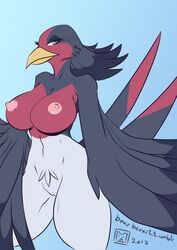 2017 anthro avian beak bearbox_doodletimes bird breasts digital_media_(artwork) feathered_wings feathers female looking_at_viewer nintendo nipples nude pokemon pussy simple_background solo swellow video_games wings