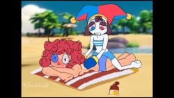 2026 2girls animated beach beach_towel bikini bikini_bottom biting_lip blush brown-haired_female brown_hair doll_girl eyes_wide_open glitch_productions gooseworx grinding_on_ass hands_on_back jester jester_girl jester_hat laying_on_stomach laying_on_towel laying_on_towel_at_beach massaging_back no_sound pomni pomni_(beach_outfit) pomni_(tadc) pomni_(the_amazing_digital_circus) ragatha ragatha_(beach_outfit) ragatha_(tadc) ragatha_(the_amazing_digital_circus) ragdoll red-haired_female red_hair rubbing_back sweat swimsuit tagme tagme_(artist) the_amazing_digital_circus topless_female tribadism_on_ass tribadism_through_clothing tube_top video yuri