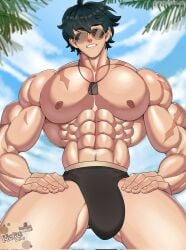 1boy abs bara buff bulge dog_tags lighter_(zenless_zone_zero) male male_only mokacake muscular muscular_male nipples outdoors pubic_hair scars sky solo solo_male sunglasses toned underwear yaoi zenless_zone_zero
