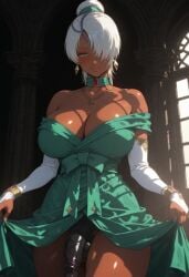 1dickgirl 1futa ai_generated blue_sky bow_ribbon bracelets breasts castle choker clouds collarbone columns dark-skinned_futa dark_skin dickgirl earrings futanari green_dress green_eyes hair_bun hair_ornament hair_over_one_eye hairbow intersex jewelry large_breasts large_penis laura_rolla long_hair loran_cehack mansion muscular muscular_thighs necklace nipples pearls penis ring_(jewelry) silver_hair smile thick_thighs tranny trees turn_a_gundam white_hair wide_hips