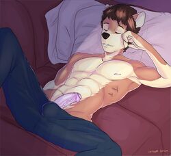 2017 abs anthro biceps bulge canine closed_eyes clothed clothing digital_media_(artwork) erection fur hair hi_res humanoid_penis laudanumserum lying male male_only mammal muscular muscular_male navel nipples on_back open_mouth pants pants_down partially_clothed pecs penis sleeping sofa solo spreading teeth uncut