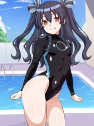 black_hair breasts female looking_at_viewer neptunia_(series) poolside red_eyes shiny_skin skin_tight small_breasts solo swimsuit thighs tongue_out uni_(neptunia) zatsu