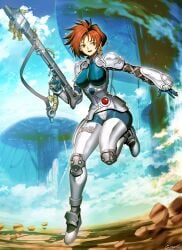 1990s_(style) armor beam_rifle blue_sky body_armor breasts brown_eyes brown_hair clothed_female cloud commentary debris earrings energy_gun english_commentary female genzoman highres iria iria:_zeiram_the_animation iria_(zeiram) jewelry large_breasts medium_breasts retro_artstyle rock science_fiction signature sky uniform weapon