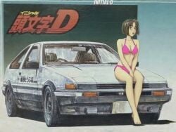 ae86 alternate_costume belly bikini blunt_bangs bob_cut bra breasts brown_eyes brown_hair car cosplay costume crop_top female high_boots high_heels initial_d lipstick makeup medium_breasts midriff motor_vehicle natsuki_mogi official_art panties pink_bikini pink_bra pink_panties race_queen race_track race_vehicle racecar racetrack sandals shigeno_shuichi short_hair swimsuit thighs third-party_edit toyota underwear