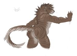 anthro ass charr claws dagos feline female fluffy fluffy_tail fur guild_wars hand_on_ass horn looking_at_viewer mammal mane multi_ear nude presenting raised_tail simple_background solo teeth video_games