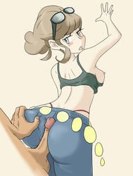 1boy 1girls ass ass_grab beauty_(pokemon) beauty_(pokemon_xy) brown_hair buttjob female looking_back mature nintendo npc_trainer outercourse penis pokemon rubbing