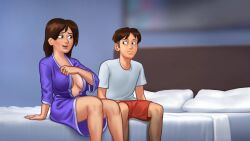 1boy 1boy1girl 1girls 2d 2d_(artwork) bed bed_sheet bedroom big_breasts blush breasts brown_hair cleavage clothed clothing darkcookie debbie_(summertime_saga) digital_drawing_(artwork) digital_media_(artwork) embarrassed embarrassed_female female light-skinned_female light-skinned_male light_skin main_character_(summertime_saga) male male/female milf on_bed robe sitting sitting_on_bed summertime_saga surprised surprised_expression teenager thick_thighs