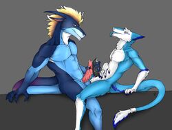 anthro balls black_penis blue_eyes blue_fur blusky claws dragon duo erection frottage fur hi_res interspecies male mammal neverneverland nude penis scalie sergal sex simple_background tail_ring teryx_commodore tongue tongue_out white_fur yaoi