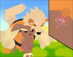 abyss_arts ahe_gao anthro arcanine balls big_breasts big_ears bite bodily_fluids breasts brown_body canid canine cum cum_in_vagina cum_inside cum_splatter drooling duo ejaculation female female_penetrated feral fur generation_1_pokemon generation_4_pokemon genital_fluids genitals grass heart_eyes heart_symbol hi_res knot knotted_penis knotting lagomorph leporid looking_pleasured lopunny low-angle_view male male/female mammal mating_bite moan nintendo orange_body orange_fur outside penis plant pokemon pokemon_(species) pussy rabbit saliva sweat sweatdrop vaginal vaginal_penetration vaginal_sex