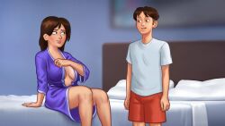 1boy 1boy1girl 1girls 2d 2d_(artwork) bed bed_sheet bedroom big_breasts blush breasts brown_hair cleavage clothed clothing darkcookie debbie_(summertime_saga) digital_drawing_(artwork) digital_media_(artwork) embarrassed embarrassed_female female light-skinned_female light-skinned_male light_skin main_character_(summertime_saga) male male/female milf on_bed robe sitting sitting_on_bed summertime_saga teenager thick_thighs