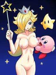 1girls ambiguous_gender areolae blonde_hair blue_eyes blush_stickers breasts collarbone crossover crown earrings eld_(ljhlee12) female hair_over_one_eye human interspecies kirby kirby_(series) luma mario_(series) navel nintendo nipples nude open_mouth princess_rosalina pussy super_mario_galaxy uncensored wand