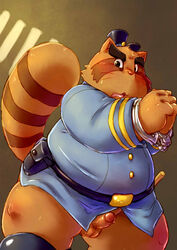 alice_detective_bureau anthro chiro_(artist) handcuffs humanoid_penis inspector_arai male male_only mammal overweight overweight_male penis police raccoon shackles small_penis solo