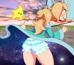 ? accidental_exposure back_view background black_eyelashes blonde-haired_female blonde_female blonde_hair blonde_hair_female bloomers bloomers_(victorian) blue_bloomers blue_dress blue_eyes blue_gem blue_gemstone blush blushing_female blushing_lines crown dress dress_lift ear ear_accessory ear_ring embarrassed embarrassed_exposed_female embarrassed_female embarrassed_underwear_female euf eyebrow eyebrow_raise eyebrow_through_hair eyelashes eyes frilly_panties frilly_underwear grass grass_field hands hands_visible imsomethingradical light-skinned_female light_blue_dress light_skin long_blond_hair long_blonde_hair long_dress long_hair lower_lip luma luma_(mario) magic_wand mario_(series) nintendo nose outdoor outdoors outside princess_rosalina question_mark red_gem red_gemstone rosalina shocked shocked_expression shocked_eyes shocked_face shocked_female shocked_look space space_background star_earring star_earrings star_wand stone_floor super_mario_bros. super_mario_galaxy super_smash_bros. super_smash_bros._for_nintendo_3ds_and_wii_u super_smash_bros._ultimate thick_thighs thighs unintentional_exposure upskirt wand wearing_crown wind wind_lift