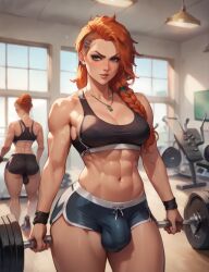 abs ai_generated braided_hair buff bulge bulge_through_clothing futa_focus futanari gym gym_clothes intersex red_hair