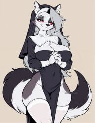 1girls ai_generated anthro anthro_female artist_name bedroom_eyes breasts female female_only furry furry_female grey_hair hellhound helluva_boss looking_at_viewer loona_(helluva_boss) multicolored_fur multicolored_tail mythic_edits no_panties nun nun_outfit prayer_hands praying_hands red_sclera simple_background smile smiling_at_viewer stockings thick_thighs thigh_highs thighhighs vivienne_medrano vivziepop white_eyes white_fur wide_hips wolf_ears wolf_girl wolf_tail