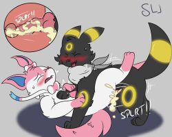 5:4 anal animal_genitalia animal_penis blush bodily_fluids cum cum_inside dominant dominant_male duo eeveelution ejaculation erection feral feral_on_feral feral_penetrated feral_penetrating generation_2_pokemon generation_6_pokemon genital_fluids genitals hi_res internal internal_anal lying male male/male nintendo on_back overwhelmed penetration penis pinned pokemon pokemon_(species) questionable_consent sex shadowleap shaking submissive submissive_male sweat sweatdrop sylveon thrust_lines thrusting tremble_spikes trembling umbreon