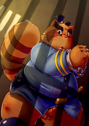 alice_detective_bureau anthro chiro_(artist) handcuffs humanoid_penis inspector_arai male male_only mammal overweight overweight_male penis police raccoon shackles small_penis solo