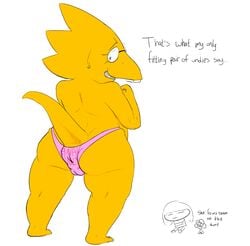 alphys anal_only_lifestyle anus cameltoe clothed clothing english_text eyewear female flowey_the_flower frisk garbledina glasses looking_back panties puffy_anus raised_tail simple_background smile sweat text topless undertale underwear video_games white_background